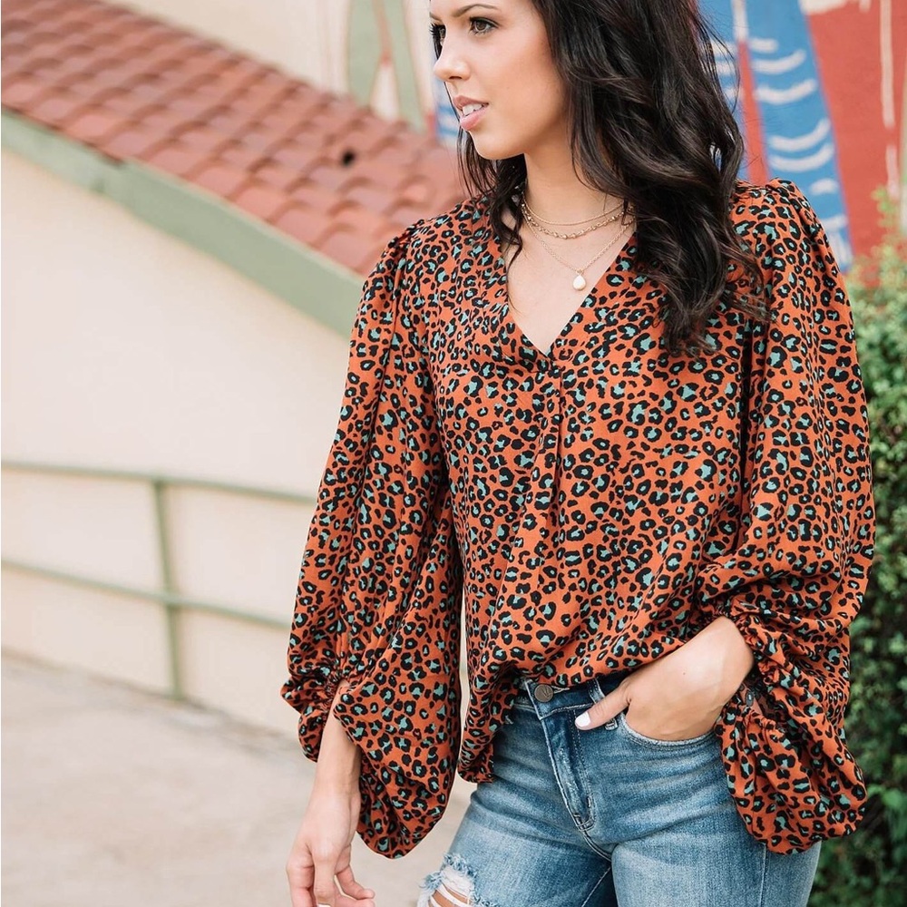 Elegant Animal Print V-Neck Blouse with balloon sleeves